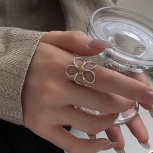 Silver Flower Openwork Ring with Gold Center - Women Jewelry